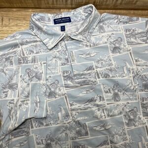 Peter Millar Crown Crafted Mens Blue Tropical Postcard Print Polo Shirt Medium